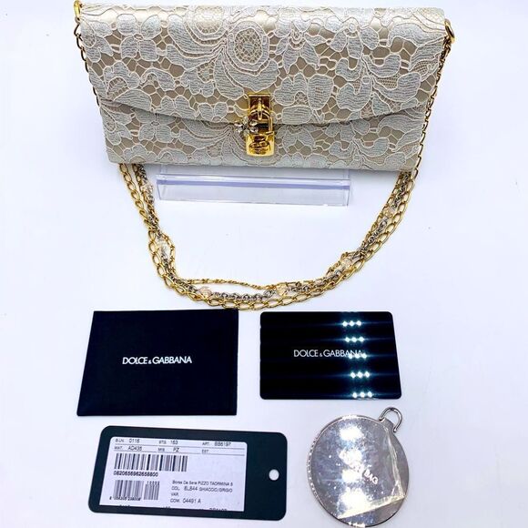 Auth Dolce & Gabbana Floral Lace Taormina Clutch Gold Silver Chains Straps - Picture 15 of 16